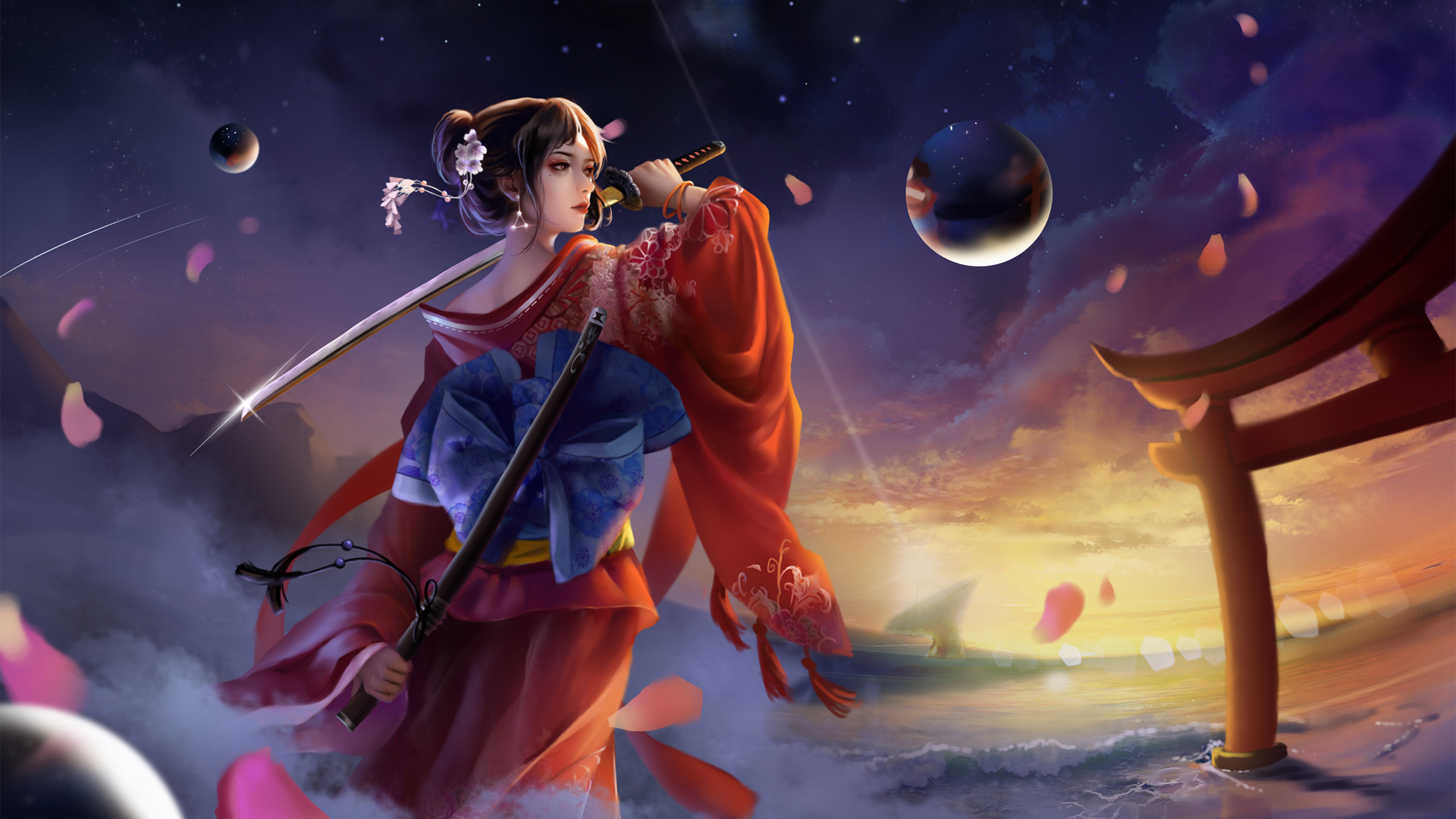 三体智子 红色和服 武士刀 动漫壁纸