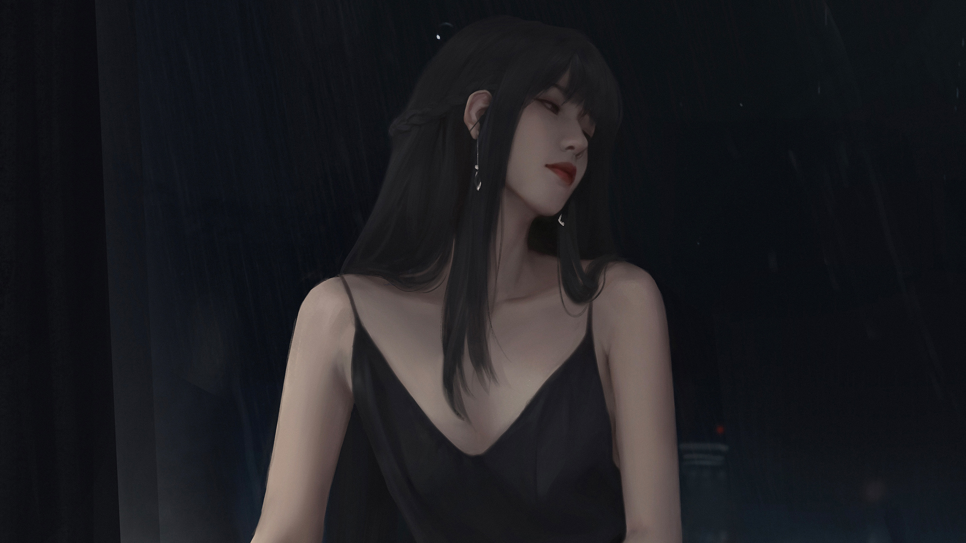 穿黑色吊带裙长发动漫美女高清壁纸